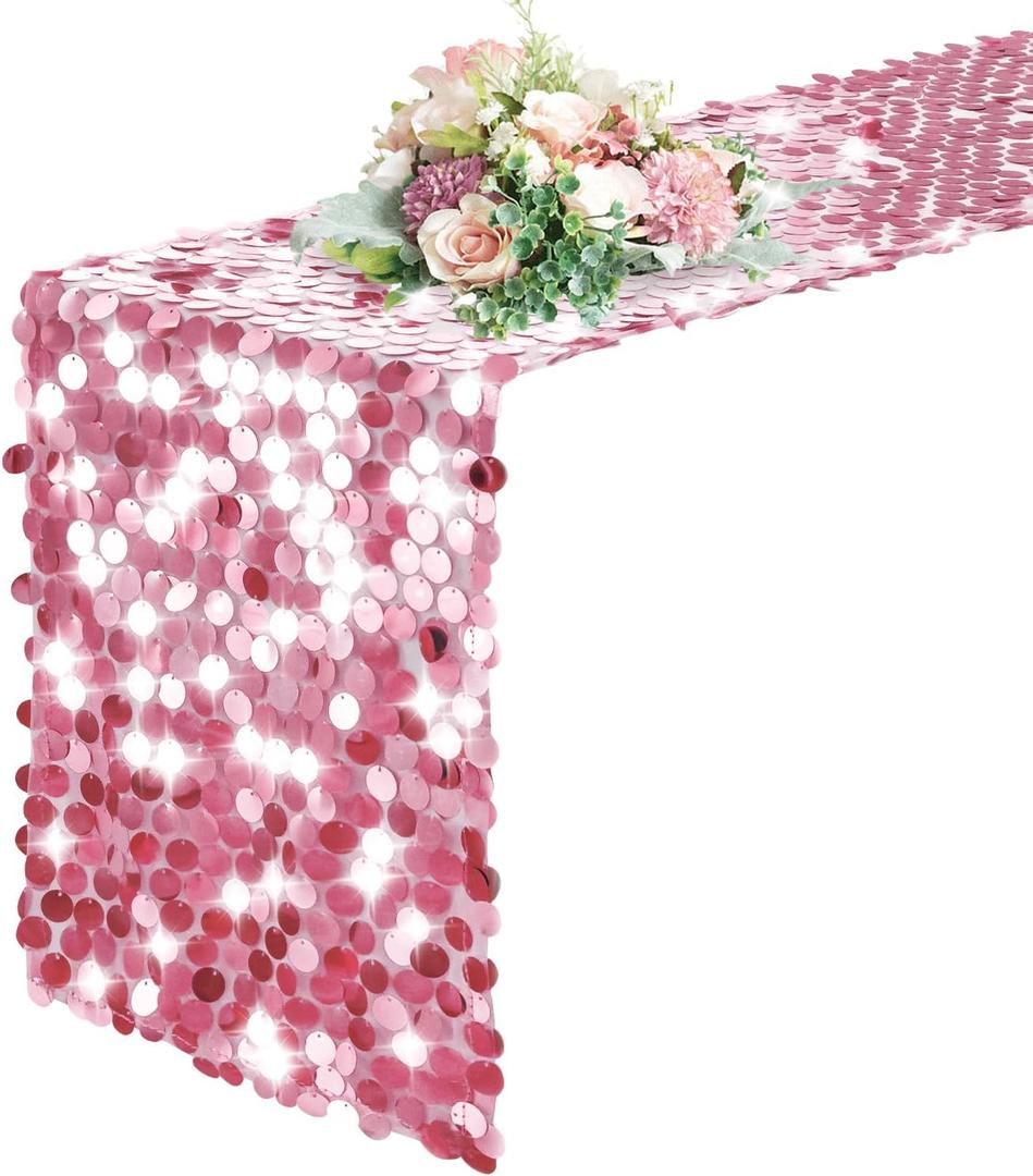 Pufogu 12 "x 108" Sequin Table Runner, Pink Glitter Premium Big Sequin Table Runner, Rectangle Table Runners for Halloween, Christmas, Wedding Party, Birthday Party, Banquet Decor (1 Pack).