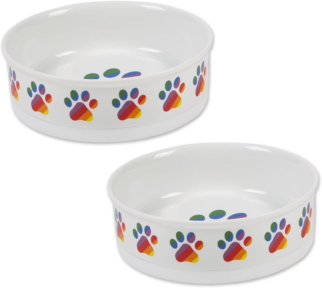 Bone Dry Ceramic Food Bowls, Non-Slip & Dishwasher Safe, Large Set, 7.5x2.4, Rainbow Paw, 2 Count