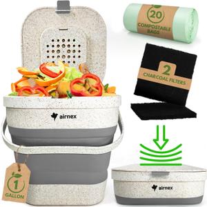 Collapsible Compost Bin Kitchen Counter Caddy - 1 Gallon Countertop Compost Bin with Lid Made of Wheat Straw - Odorless Kitchen Compost Bin Countertop with 20 Compost Bags and 2 Carbon Filters (Gray)