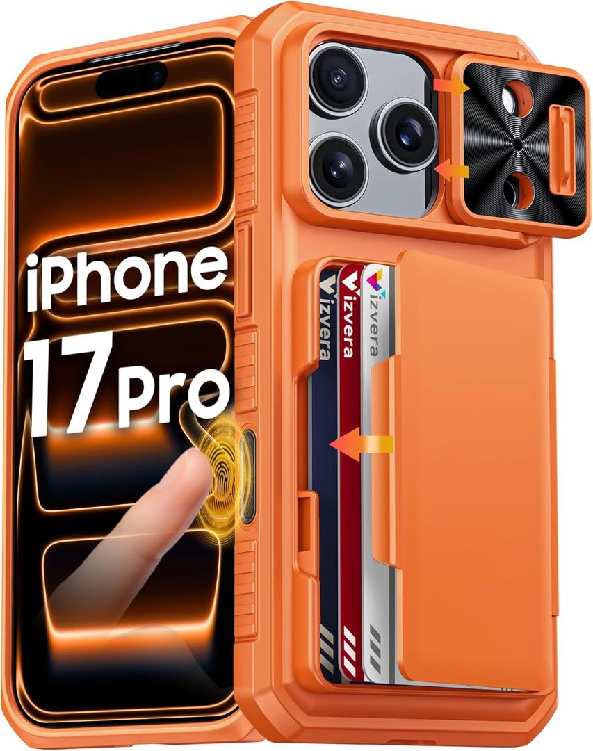 Vizvera for iPhone 17 Pro Case Wallet RFlD [Cards Holder][Camera Control][Camera Cover] Full Body Rugged Shockproof Silicone Protective Phone Case for iPhone 17 Pro 6.3'' 2025(Spritz Orange)