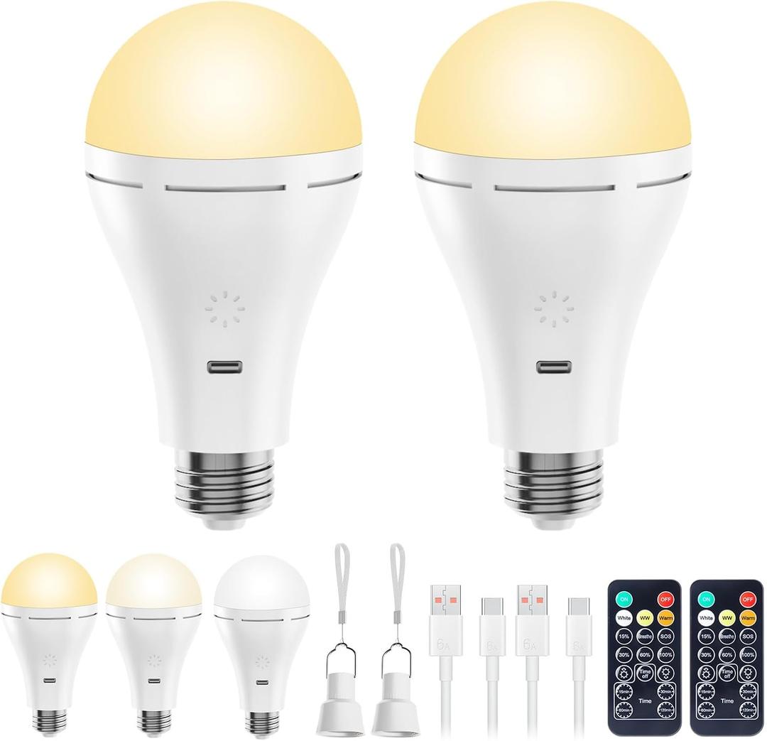 Brightown E26 Rechargeable Light Bulb with Remote and Timer, Battery Backup Bulb for Sconces and Lamps, Hanging LED Light Bulb with Hook for Camping Tent, Dimmable, 3 Color Temperatures, 2 Pack