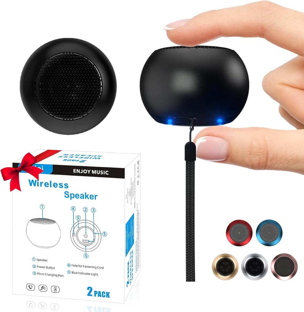 2Pack Portable Mini Speakers, Bluetooth Tiny Speakers,Wireless Micro Speaker for Phone/PC/Tablet, Rechargeable Battery, Built-in Microphone, Cute Mini Speaker with Strap to Carry, Black
