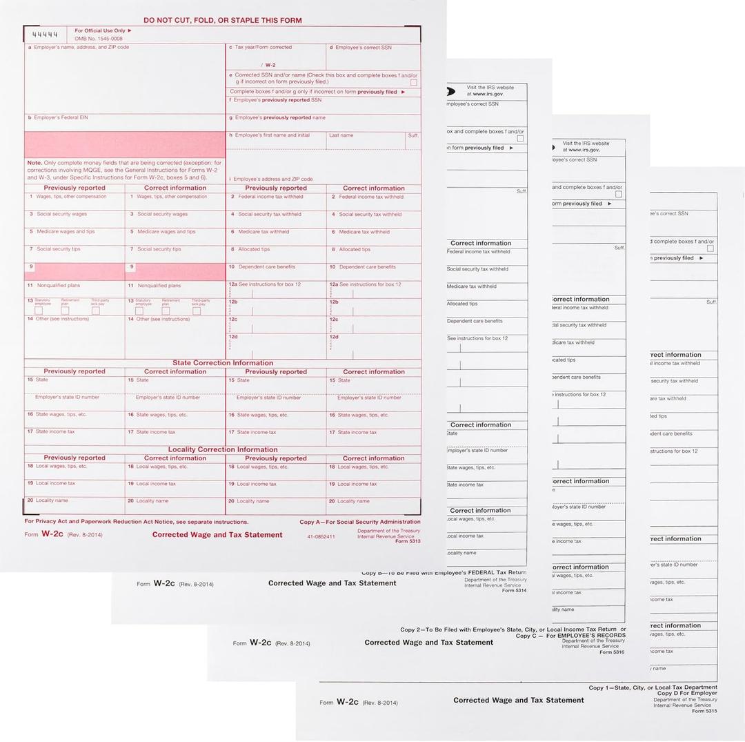 W-2C Tax Forms 4-Part Set, Corrected Wage and Tax Statement, 25 Pack