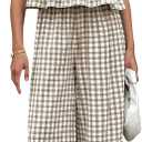 Womens Gingham 2 Piece Set Sleeveless Ruffle Tank Wide Leg Pants (Beige, M)