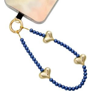 Beaded Phone Wrist Strap for Women Pearl Wristlet Strap Cute Phone Lanyard Golden Heart Shaped Bead Cellphone Chain (Blue)