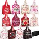12 Pcs Valentine's Day Reusable Grocery Bags Bulk Happy Valentine's Day Storage Pouch Shopping Bags Heart Printed Foldable Machine Washable Tote Zipper Pouch for Gift Wrapping Storage