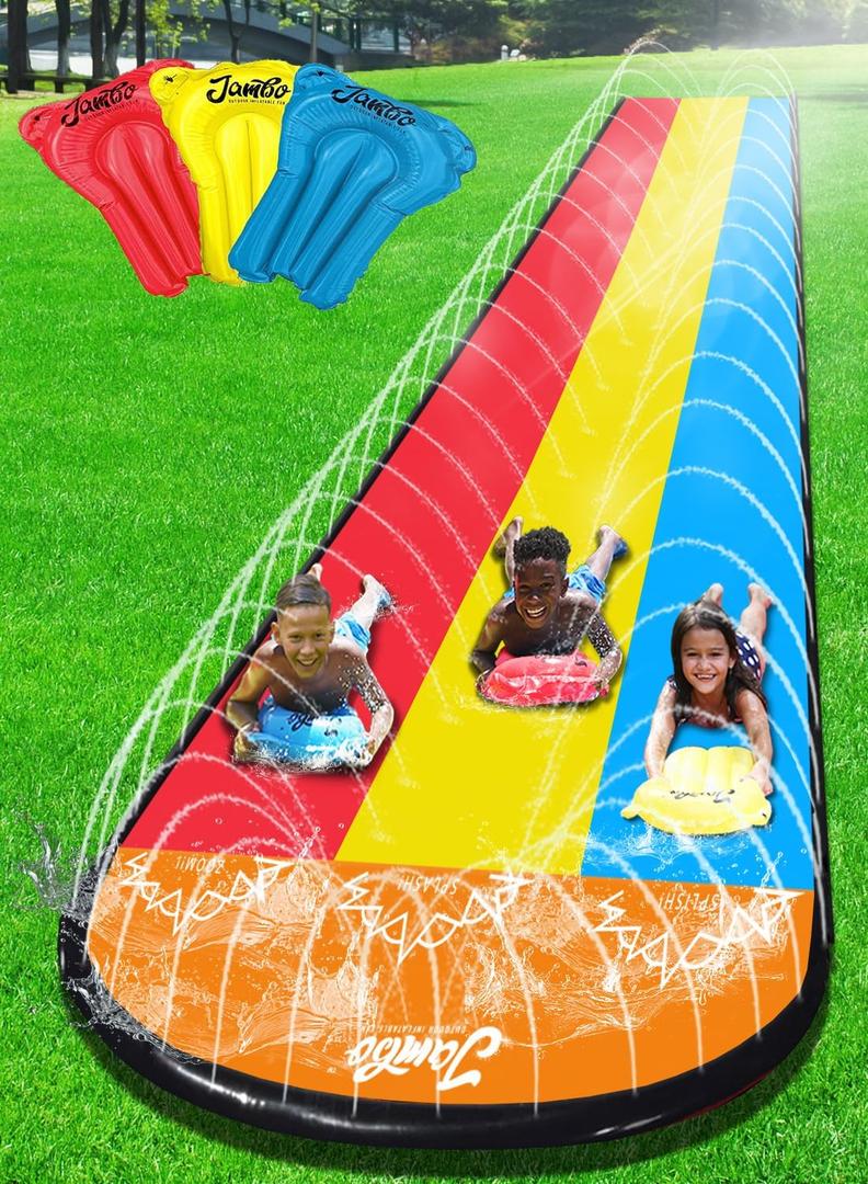 JAMBO 25Ft Premium 3 Lane Slip Splash and Slide with Bodyboards, Heavy Duty Water Slide- Advanced 3-Way Sprinkler System, Splash Mat Splash Pad Backyard Waterslide Outdoor Water Toys n Slides for Kids (25FT XXL Slide, Triple Lane)