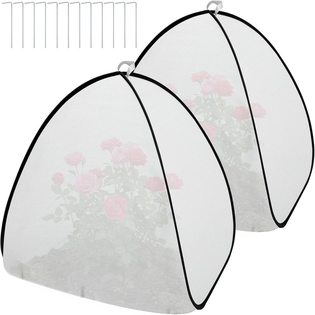 DECOHS 2 Pcs White Pop Up Plant Shade Cover Tent, 30 x 28 x 28 Inch Garden Sunshade Cloth Sun Protection Tent, 60% Sunblock Plant Cover Net with Stakes for Outdoor Plants Flower Potted