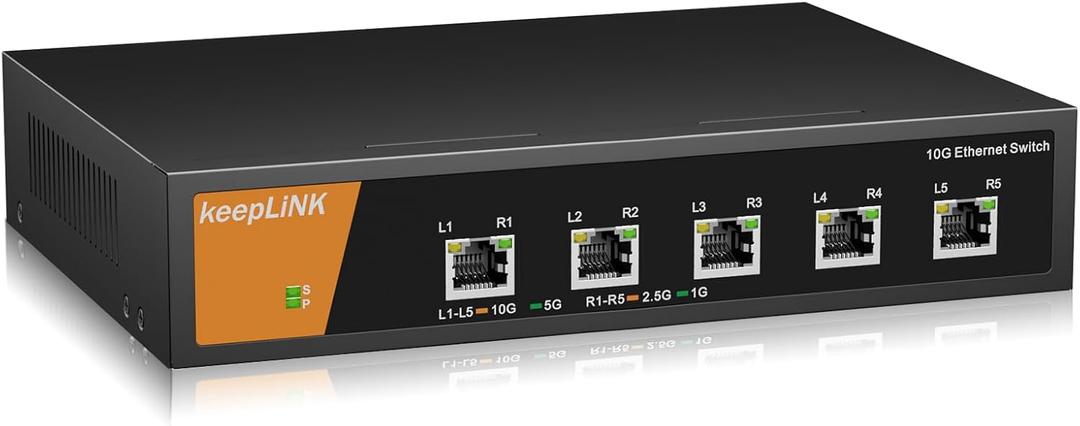 5 Port 10G Network Switch Unmanaged, Multi-Gig Ethernet Switch Desktop/Wall-Mount Plug & Play Fan Cooling, Sturdy Metal Casing