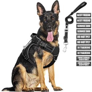MOOGROU Tactical Dog Harness and Leash Set for Large Dogs,Heavy Duty No Pull Service Dog Vest and 10 Patches with Dog Seat Belt,Reflective Adjustable Pet Harness for Training Walking Hiking Black XL