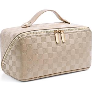 Large Capacity Travel Cosmetic Bag - Portable Makeup Bags for Women Waterproof PU Leather Checkered Makeup Organizer Bag with Dividers and Handle,Toiletry Bag for Cosmetics (EXP 02/04/26)