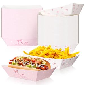 Baderke 100 Pcs Pink Bow Paper Food Trays Boats 2lb Disposable Plates for Coquette Birthday Party Girls Women Events Themed Party Supplies Wedding Baby Shower Carnivals Dinners Cookouts