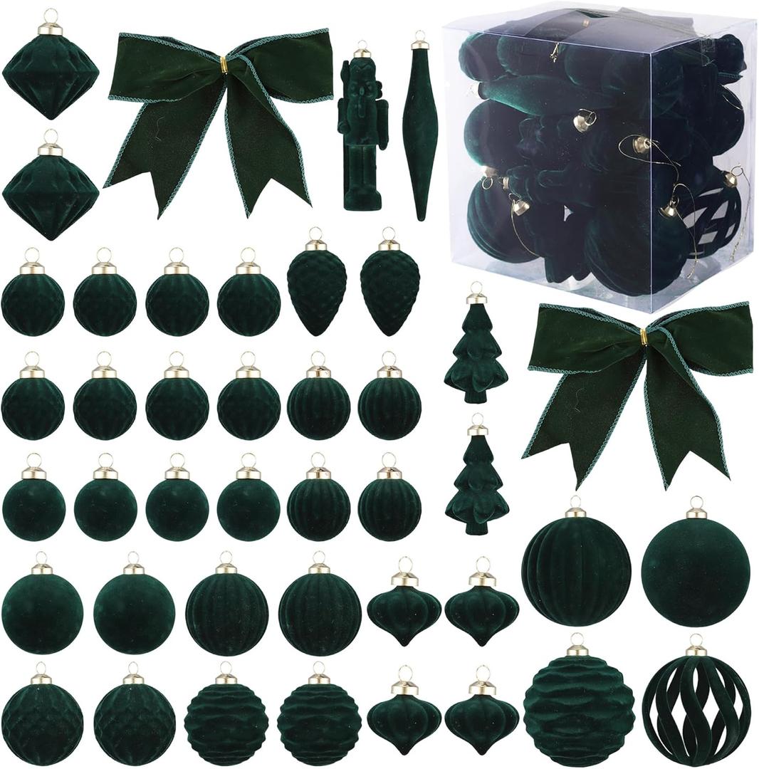 42Pcs Velvet Christmas Ball Ornaments, Flocked Shatterproof Christmas Ornaments, Dark Green Xmas Tree Hanging Ornaments for Winter Holiday Home Party Decorations