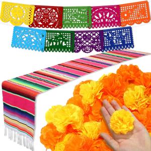Funtery 50 Pcs Marigold Flower Heads Bulk Day of The Dead Decor Altar De Ofrendas Dia De Muertos Decoration 9 Pcs Mexican Papel Picado 1 Mexican Table Runner Supplies(Orange, Yellow, Rose Red)