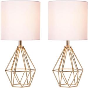 COTULIN Set of 2 Gold Bedroom Small Table Lamp,Modern Bedside Nightstand Lamps with Geometric Metal Base White Fabric Shade,Cute Desk Lamp for Kids Living Room