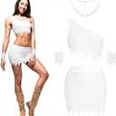 Ramede 5 Pcs Costume for Women Top Skirt Necklace Sleeves Halloween Cave Outfit Cosplay Costume Accessories M