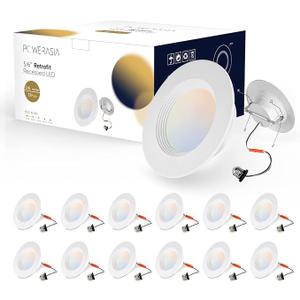 POWERASIA 12 Pack 5/6 Inch LED Can Lights Retrofit Recessed Lighting, 5CCT 6 Selectable 2700K-6000K Dimmable, 12W=75W, 1200LM Downlight with Metal Smooth Trim-ETL and Energy Star Certified