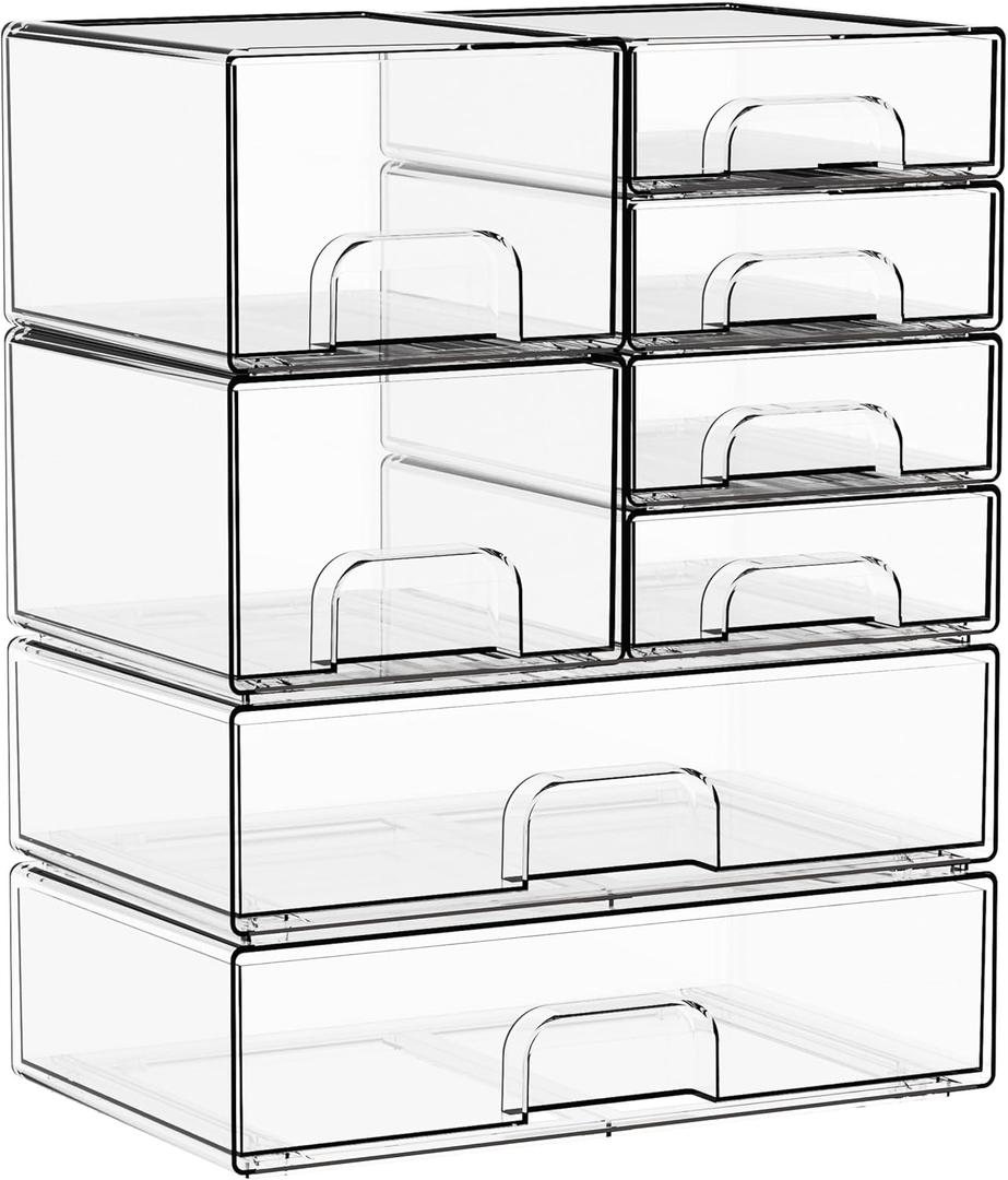 Yieach 8 Pack Clear Stackable Storage Drawers,Acrylic Drawer Organizer for Medicine,Palettes,Hair Accessories and Makeup Organizer,Plastic Drawers for Cabinet,Office,Desk,Bathroom Storage Containers