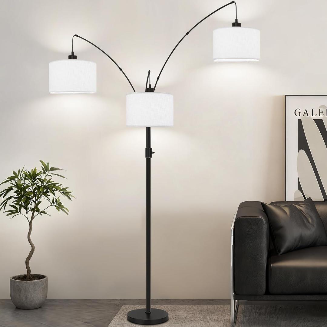 Dimmable Floor Lamp - 3 Lights Arc Floor Lamps for Living Room,Modern Tall Standing Tree Lamp with White Drum Linen Shade & Heavy Base,Mid Century Floor Lamp for Bedroom Corner Office,Bulbs Included