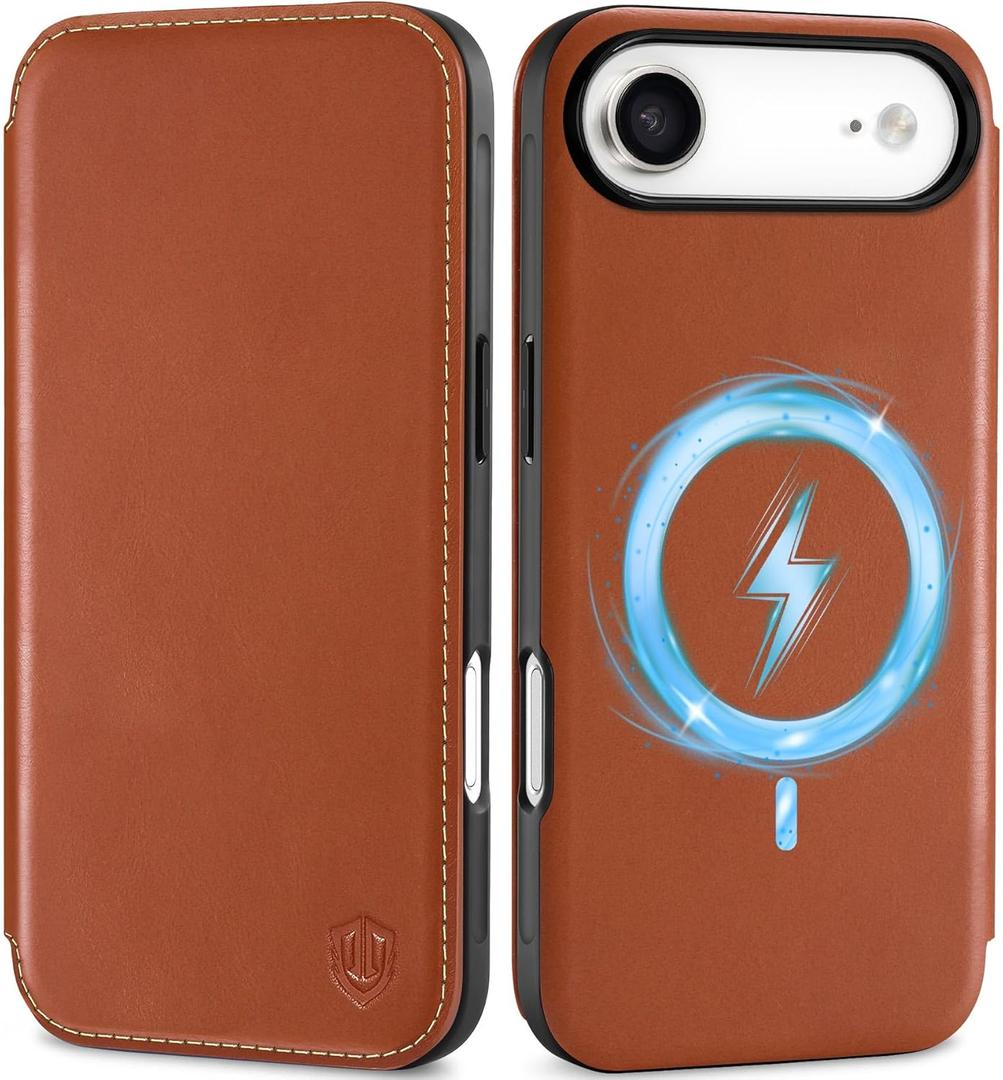 SHIELDON Slim Wallet Case for iPhone Air 6.5-inch 2025 | Genuine Leather, Wireless Charging, Folio Magnetic Closure, RFID Blocking Card Holder, Shock-Absorbing Phone Cover - Retro Brown