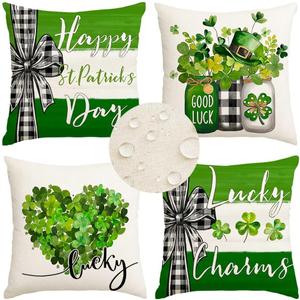 RABUSOFA St Patricks Day Outdoor Waterproof Throw Pillow Cover,16x16 Inch Charm Clover Buffalo Plaid Shamrock Heart Stripes Cushion Case Decoration for Couch (Green)
