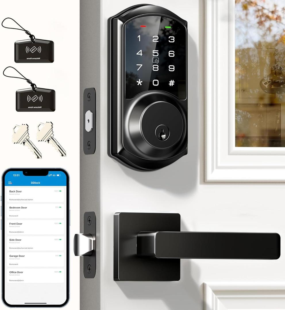 Veise VE06-L Smart Locks with 2 Lever Handle Set, App Control, Keyless Entry Deadbolt for Front Door, Electronic Digital Touchscreen Keypad, Auto Lock, Waterproof, Easy Installation, Matte Black