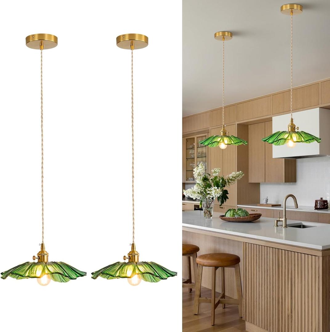 Vintage Pendant Lights Kitchen Island Fixture Glass Hanging Light Green Flower Light 2pack Modern Chandelier Island Lights for Bedroom Kitchen Hallway Bathroom Dinging Room Green Sunflower