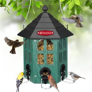 Kingsyard Large Bird Feeder Weatherproof, Squirrel-Resistant Outdoor Hanging Feeders, Recycled Plastic Hopper 3.5 lb Seed Capacity 6 Ports U-Shape Metal Perch Mesh Bottom, Green