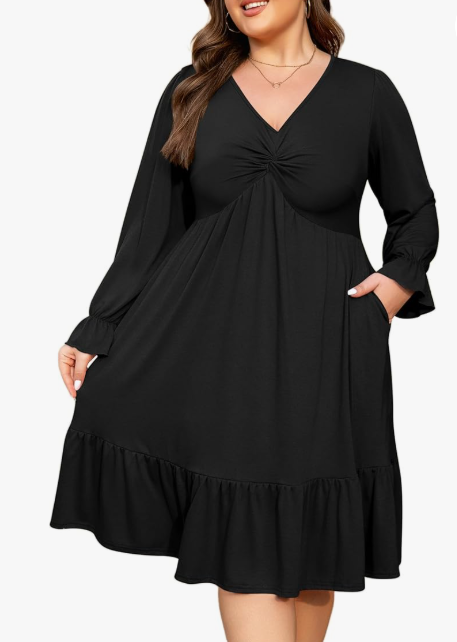 Women's Plus Size Dress Spring Summer Casual Long Sleeve V Neck Twist Knot Front Flowy Dress, 2XL