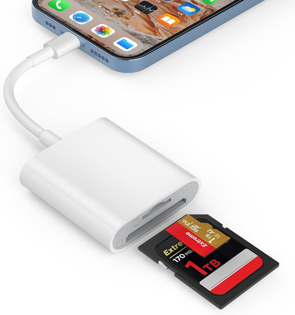 SD Card Reader for iPhone, Memory Card Reader with Dual Slot for SD/TF Card Plug and Play Trail Game Camera SD Card Viewer Lightning to MicroSD Card Camera Adapter for iPad No App Required