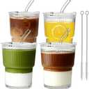 Glenkach Ribbed Glass Tumbler with Lid and Straws, Resuable Ice Coffee Cups, To Go Iced Coffee Cups for Water, Smoothie, Matcha, Iced Tea Fruit Juice, Clear, 13oz, Set of 4