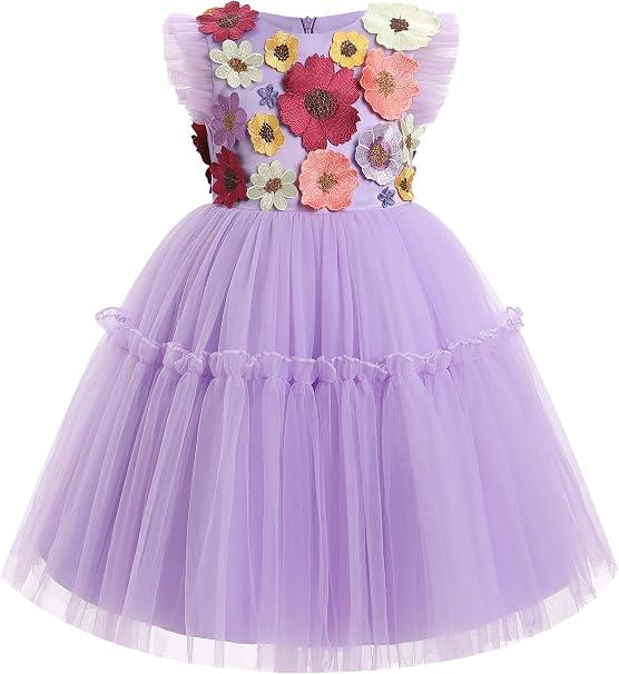OBEEII Toddler Girls 3D Flower Tulle Dress Elegant Wedding Flower Girl Dress Princess Birthday Party Ruffle Dress Formal Sleeveless Baptism Pageant Dress Bowknot Mesh Ball Gown Dress Purple 7-8 Years