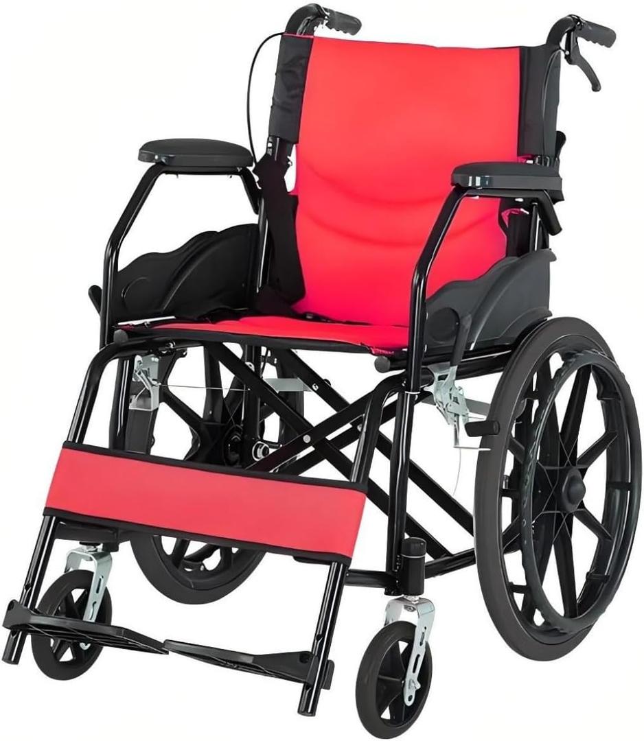 Lightweight Wheelchair with Swing-Away Footrests and Flip-Back Arms, Portable Folding Transport Wheelchair or Adults & Seniors with Brake for Storage and Travel Use, 17 Inch Seat,300 Lbs (Red)