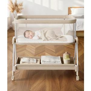 Fodoss Baby Bassinets Bedside Sleeper - Bed Side Bassinet Newborn with Wheels, Storage Tray, 4-Sided Mesh, 7 Height Adjustable, Beige