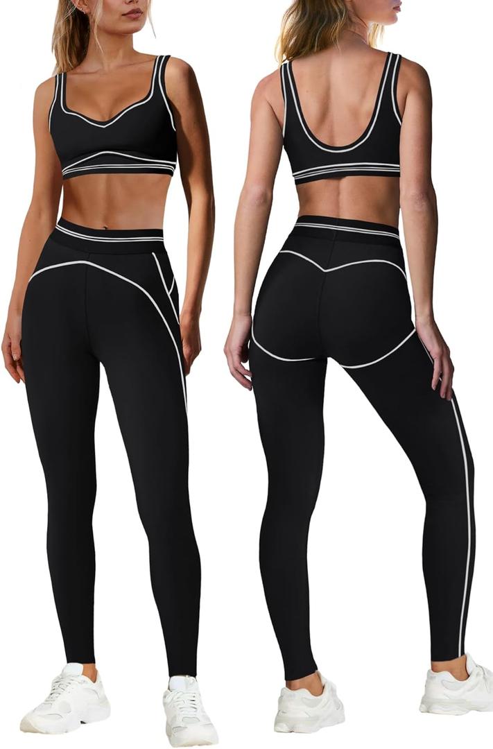 Nirovien Womens 2 Piece Workout Sets Athletic Yoga Sets Pilates Gym Outfits Butt Lifting Leggings and Sports Bra (Black, M)