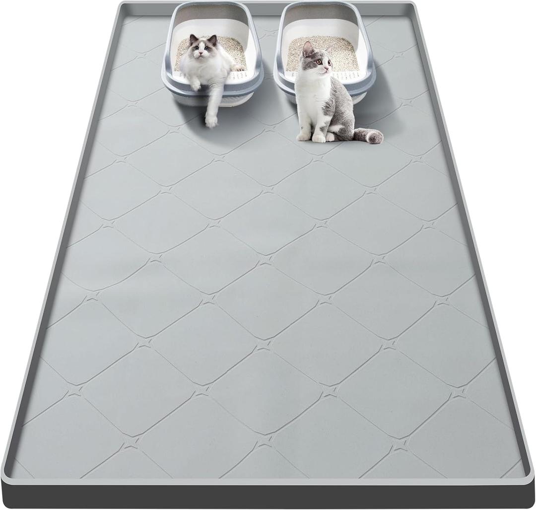 Large Cat Litter Mat, 40x22 In Cat Mat for Litter Box, Waterproof Silicone Pads for Feeding Floor Protection (Gray)