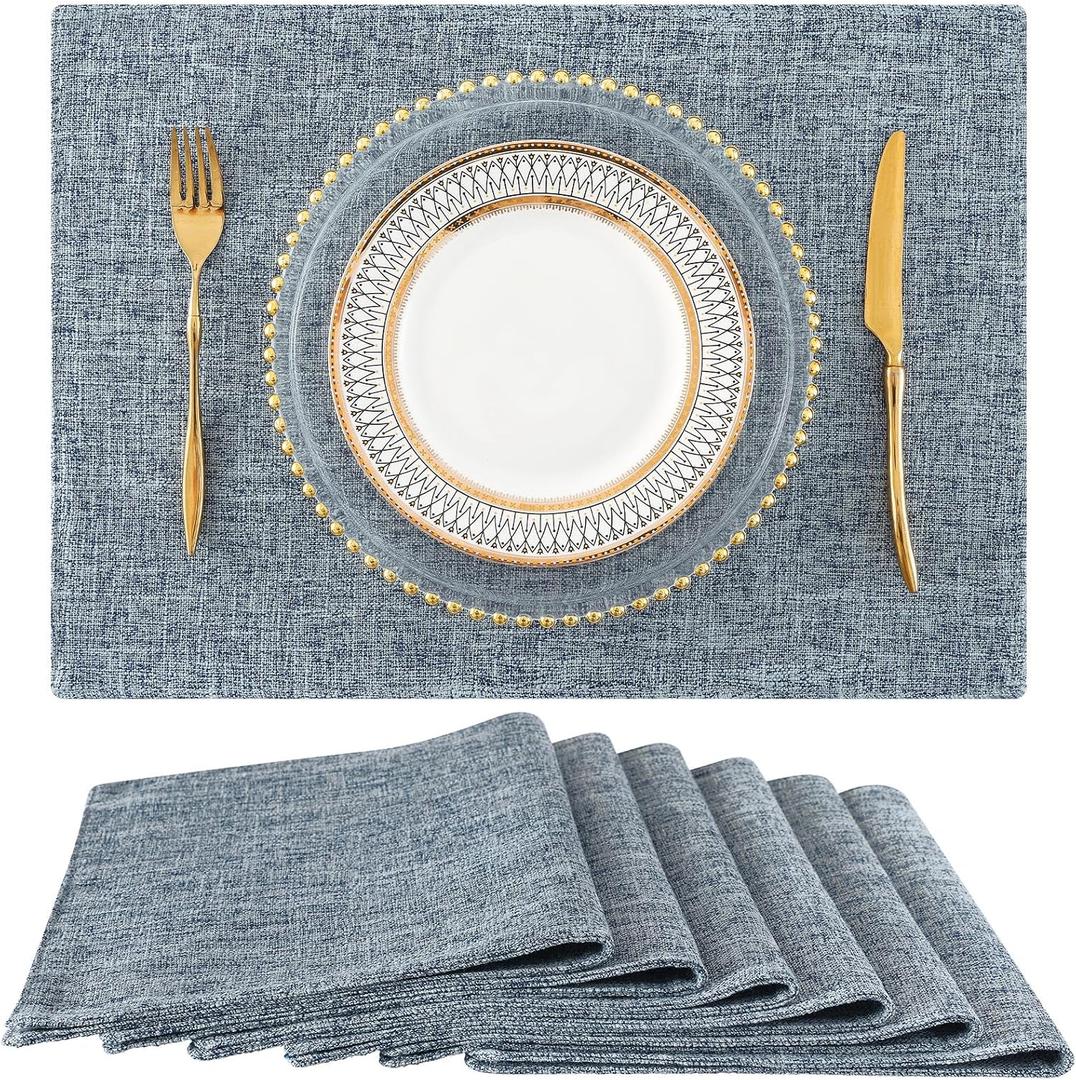 homing Faux Cotton Linen Placemats Set of 6, Cloth Washable Farmhouse Dining Table Mats for Indoors & Outdoors, Easy to Clean, Denim Blue, 13 x 19 Inch