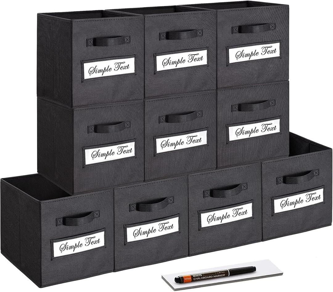 11 Inch Storage Cube,Storage Bin,Cube Storage (Set of 10) Foldable Fabric Cube Storage Bins with 10 Labels Window Cards & a Pen,Baskets Containers for Shelves,Closet Organizers Box,Black