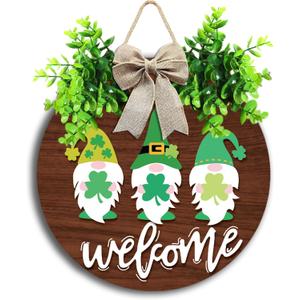 St Patrick Day Welcome Sign for Front Door Décor St Patrick Day Wood Door Wreath with Gnomes Shamrock Burlap Bow Decoration