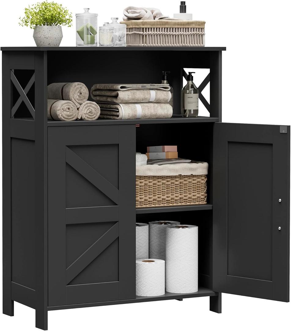 Homhedy Farmhouse Bathroom Storage Cabinet with 2 Doors, Toilet Paper Cabinet with Adjustable Shelves, Small Bathroom Cabinet for Kitchen/Laundry/Living Room, 11.8 x 23.6 x 31.5 Inches, Black