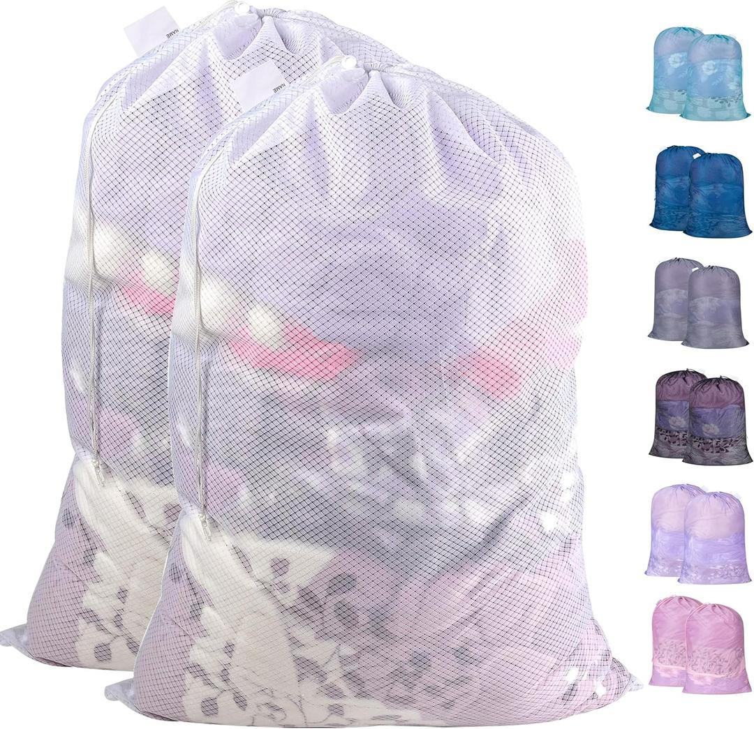 Polecasa Extra Heavy Duty Large Diamond Mesh Laundry Bags with Drawstring Closure & ID Tag, 2Pcs 24 x 36 inches Washable Storage Bag for Hamper, College, Travel, Sports, Dorms, White