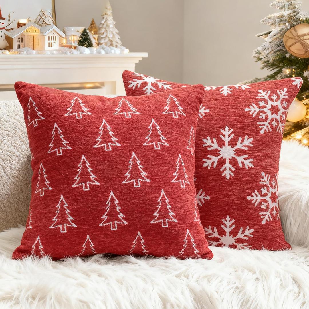 2 Pack Christmas Pillow Covers 18x18, Chenille Double-Sided Snowflake & Christmas Tree Decorative Throw Pillow Cases, Soft Farmhouse Holiday Cushion Covers for Sofa Couch Bed(Red,18x18)