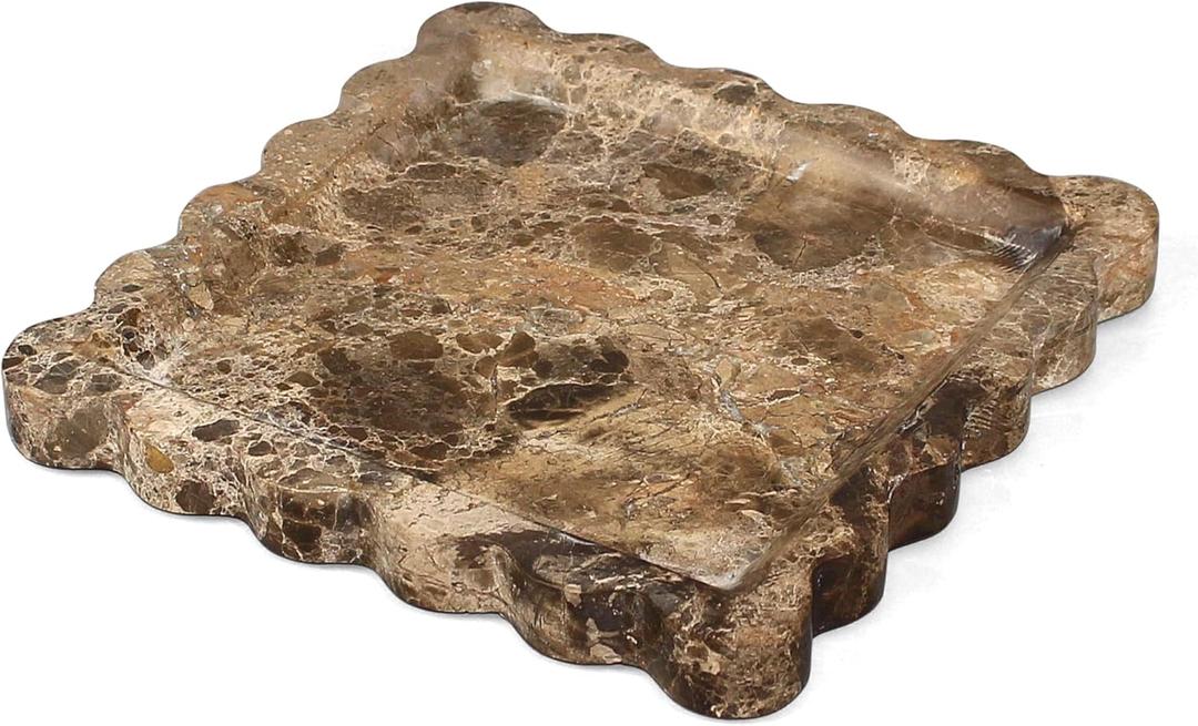 Square Marble Vanity Tray with Scalloped Edge - Natural Marble Perfume Tray Decor for Dresser, Vanity, Kitchen, Home Decor, Decorative Square Stone Tray - Brown 8 x 8 inch
