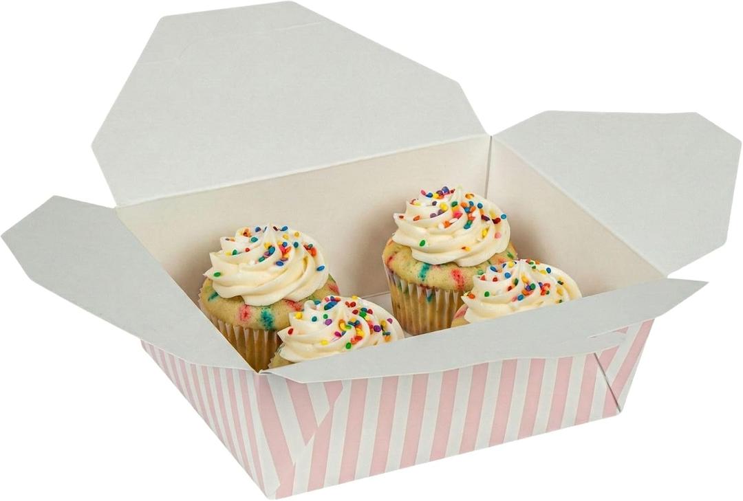 Restaurantware-Bio Tek 6.7 x 5.5 x 2.6 Inch Food Containers, 50 Durable Takeaway Boxes - Disposable, Striped, Pink And White Paper 45 Ounce Takeout Boxes, Rectangle, For Takeouts And Delivery