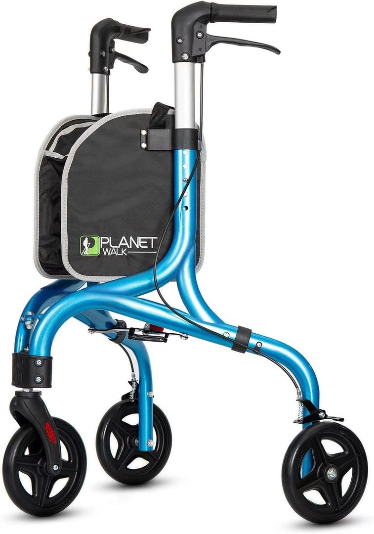 Planetwalk Premium 3 Wheel Rollator Walker for Seniors - Ultra Lightweight Foldable Walker for Elderly, Aluminum Three Wheel Mobility Aid, Brilliant Blue