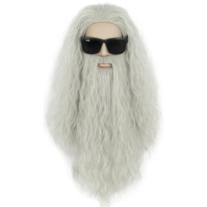 VGbeaty Adult Mens Long Curly Gray Wig and Beard Halloween Cosplay Costume Anime Wig