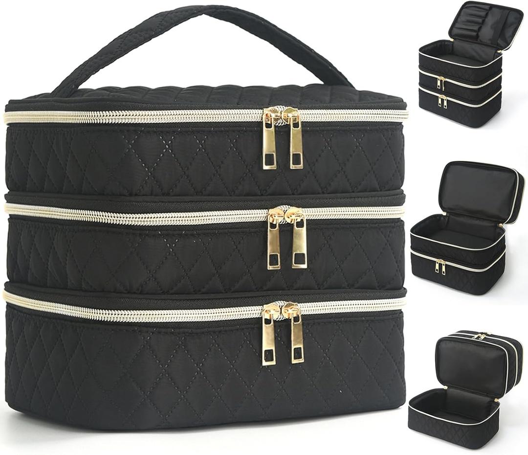 Travel Makeup Bag for Women Three Layer Large Cosmetic Case Water-resistant Toiletry Bag Organizer for Store Toiletries Cosmetic Accessories and Manicure Sets Black