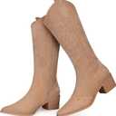 SHIBEVER Suede Knee High Cowboy Boots for Women Comfortable Tall Cowgirl Boots Zipper Low Heel Fall Winter Western Booties