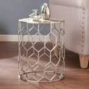 SEI Furniture Clarissa Metal Honeycomb Accent Table, Geometric Style Round Console Table With Faux Leather Top for Living Room, Silver, 13.75 in x 13.75 in x 18.25 in