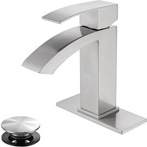 Waterfall Spout Bathroom Vessel Faucet, Tall Waterfall Single Handle One Hole Deck Mount Mixer Bowl Tap with Large Rectangular Spout, Bar Sink Faucet Lavatory Vanity with Overflow, Silver
